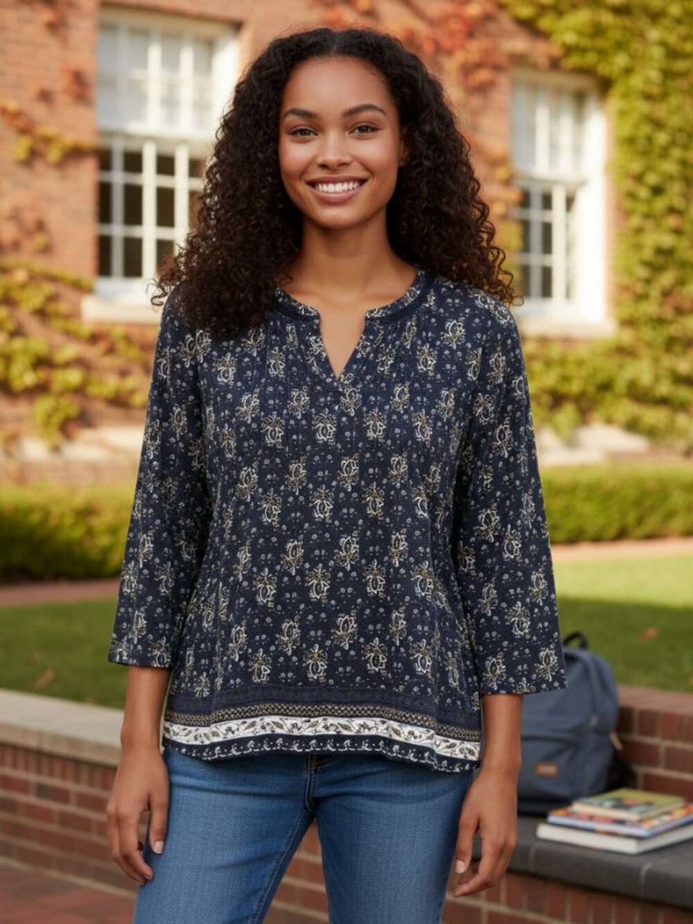 Lucky Brand Navy Printed Peasant Boho Tunic with Cream Accents, Medium